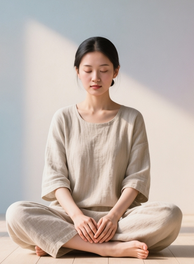 Woman embracing stillness and satisfaction while resting in gentle light