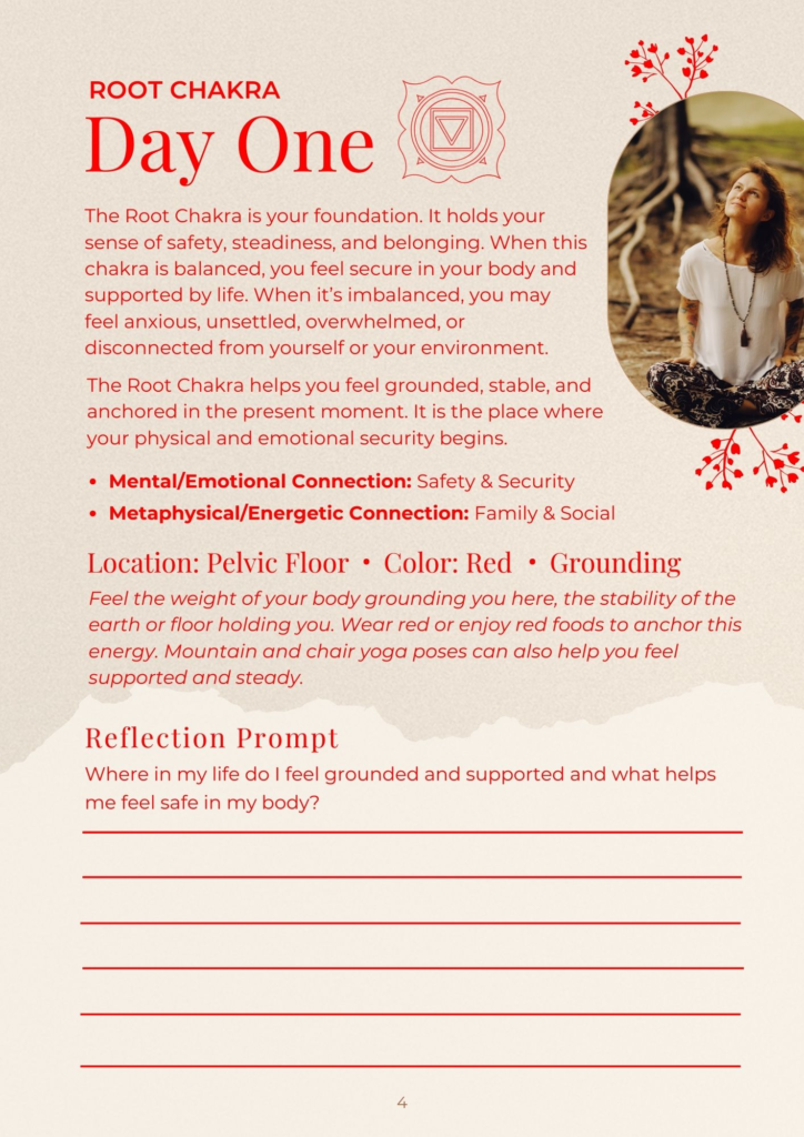 day one root chakra page from a gentle chakra balancing workbook focused on grounding and stability
