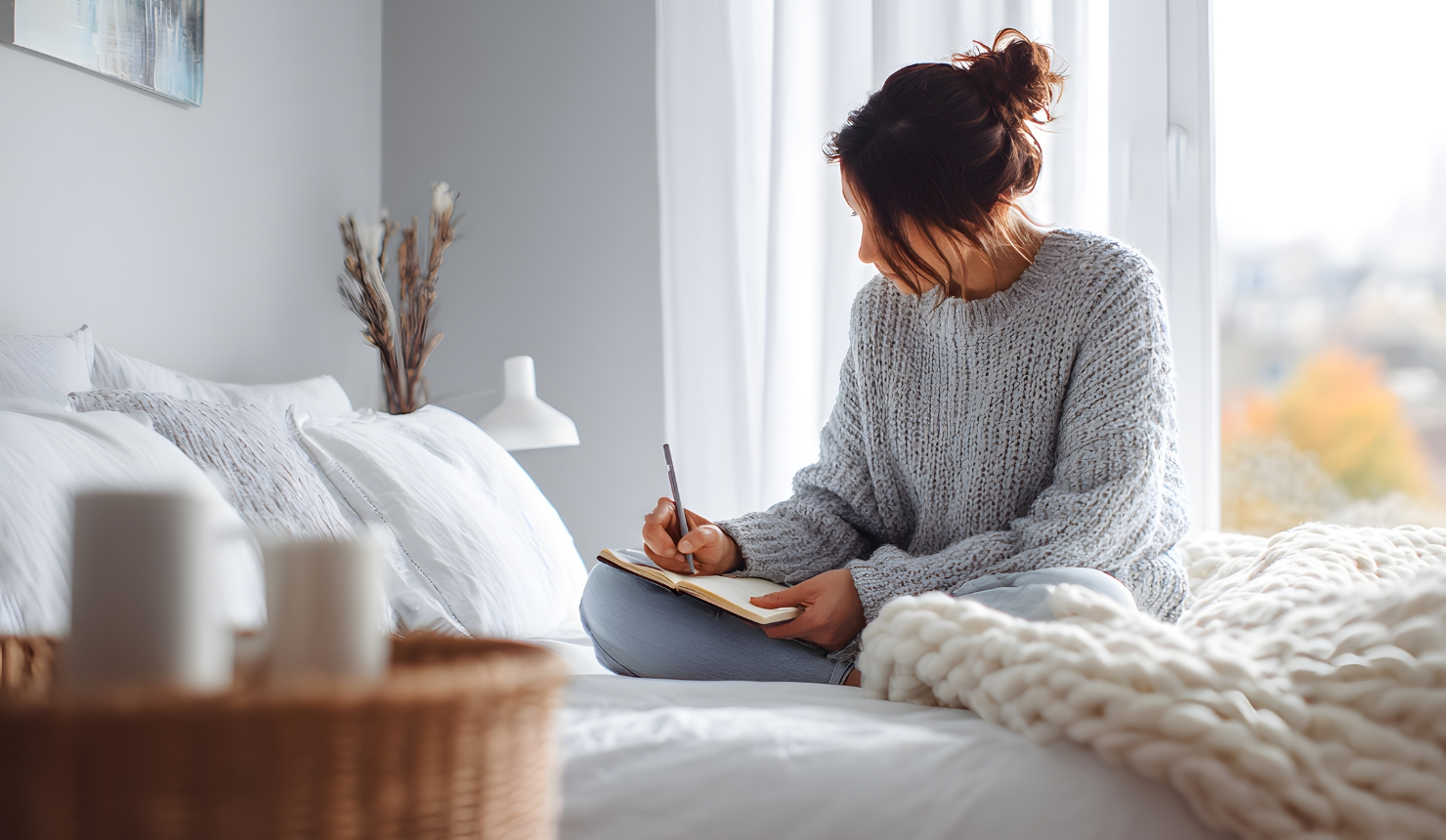 woman journaling by a window during a gentle chakra balancing practice