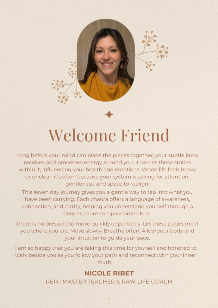 table of contents page from a gentle chakra balancing workbook showing the seven energy centers