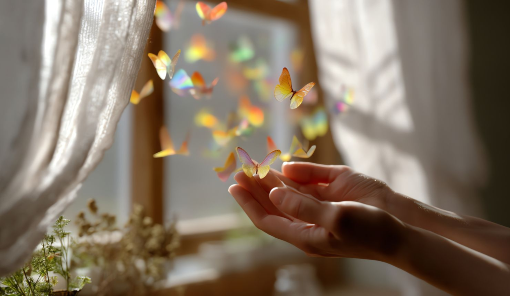 Hands releasing colorful butterflies symbolizing awareness, release, and breaking personal cycles