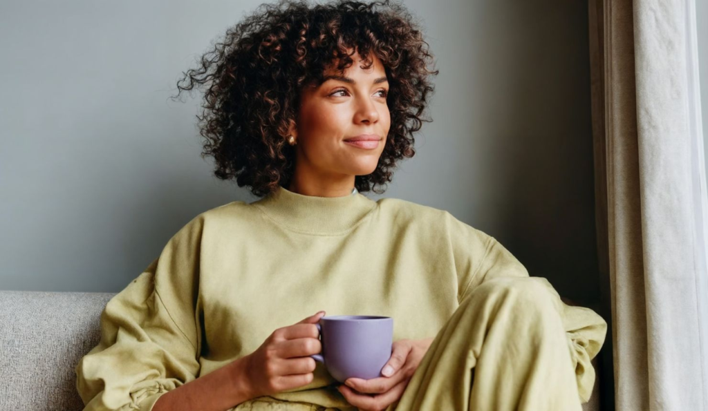Woman holding a coffee mug by a sunlit window, symbolizing self-care for caregivers and intentional morning routine.