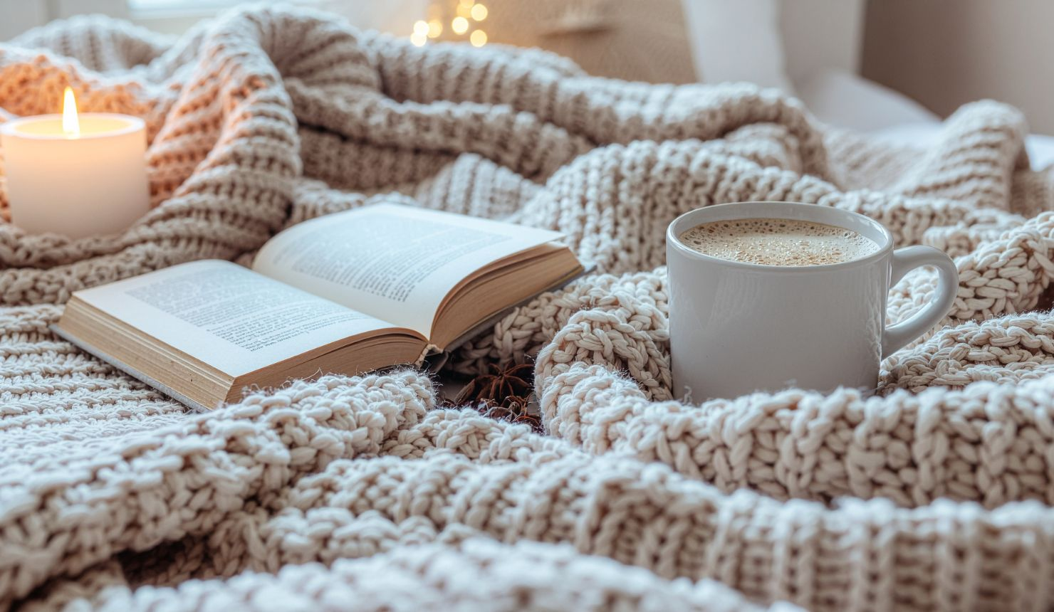 Coffee and open book on unmade bed representing rest during a busy and overextended season