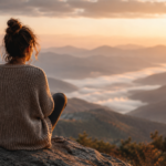Woman sitting on a mountain overlook at sunrise, reflecting in stillness as a symbol of self-acceptance, nervous system regulation, and emotional healing.
