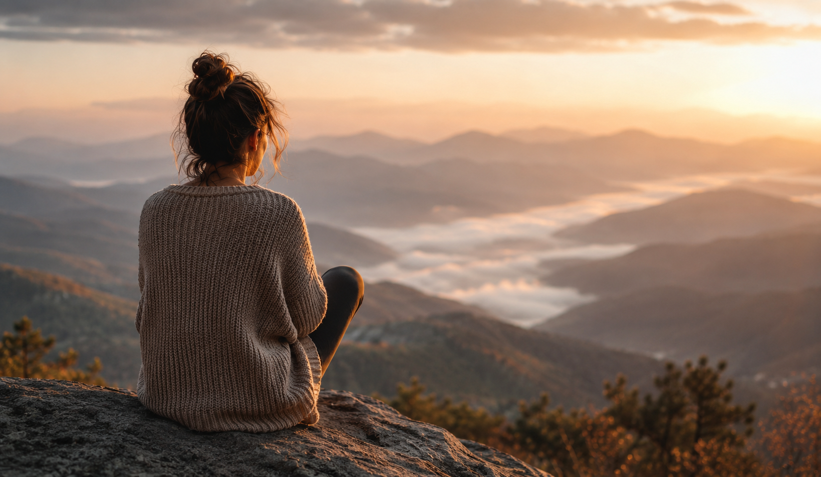 Woman sitting on a mountain overlook at sunrise, reflecting in stillness as a symbol of self-acceptance, nervous system regulation, and emotional healing.
