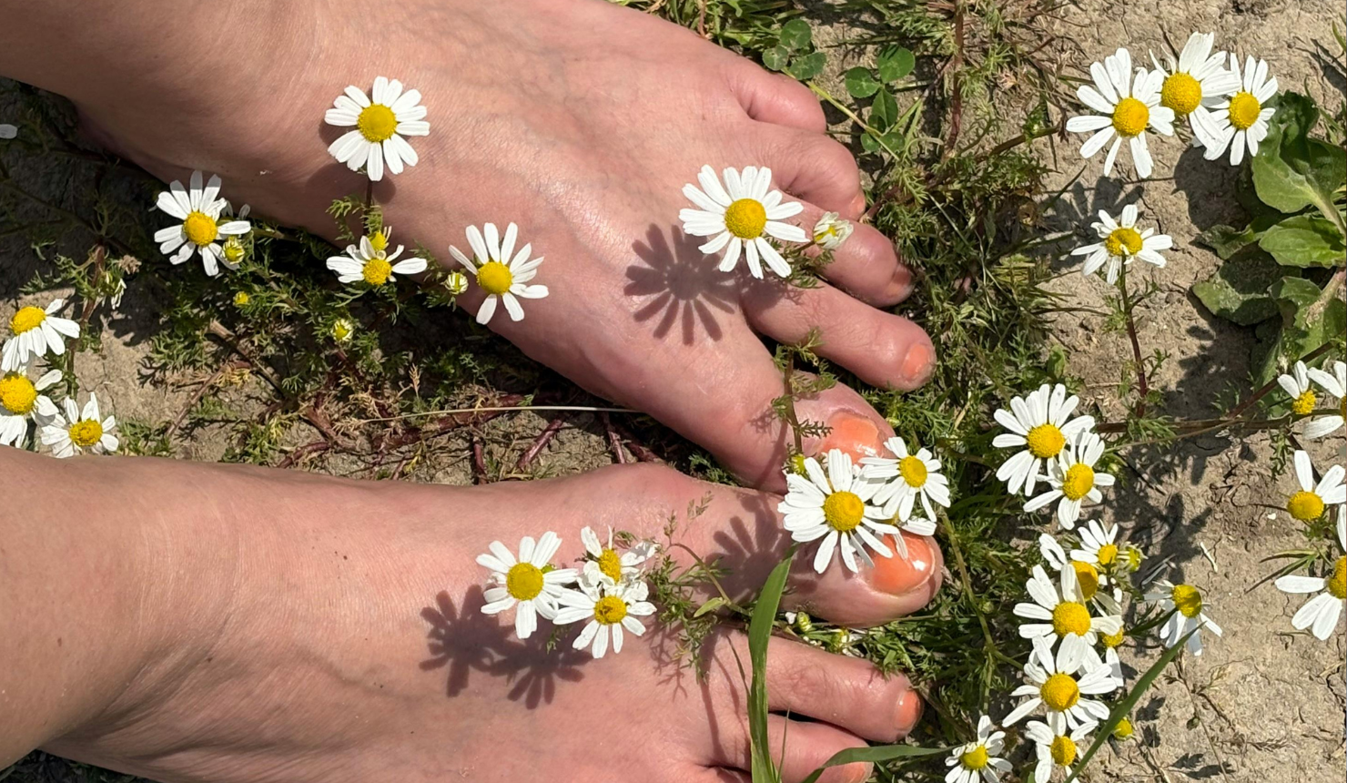 Bare feet stepping from shadow into sunlight to symbolize internal freedom and emotional healing