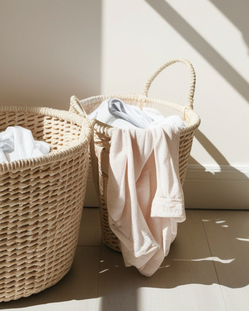 Laundry basket filled with clothes in warm natural light