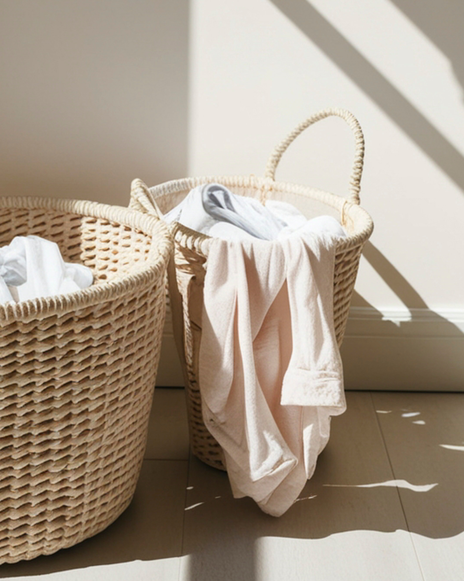 Laundry basket filled with clothes in warm natural light