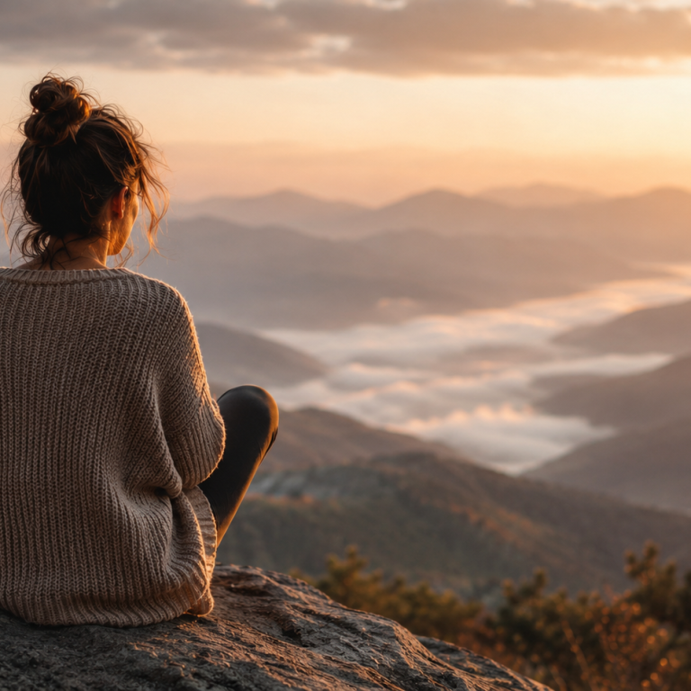 Woman sitting on a mountain overlook at sunrise, reflecting in stillness as a symbol of self-acceptance, nervous system regulation, and emotional healing.