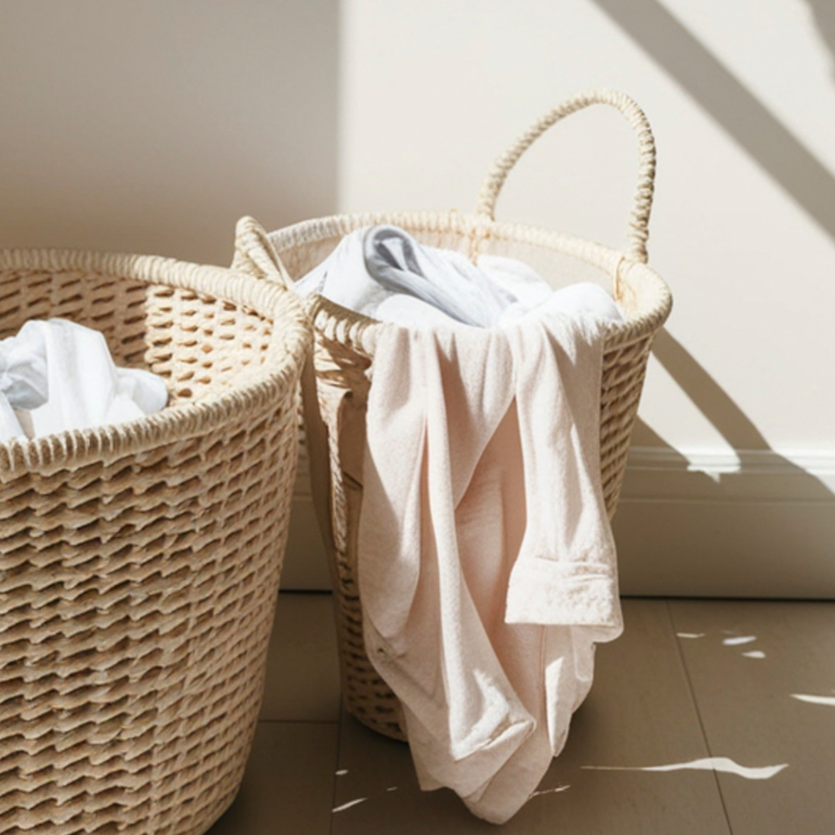 Laundry basket filled with clothes in warm natural light