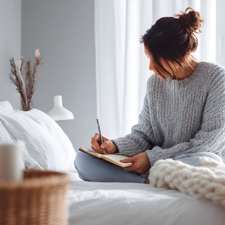 woman journaling by a window during a gentle chakra balancing practice
